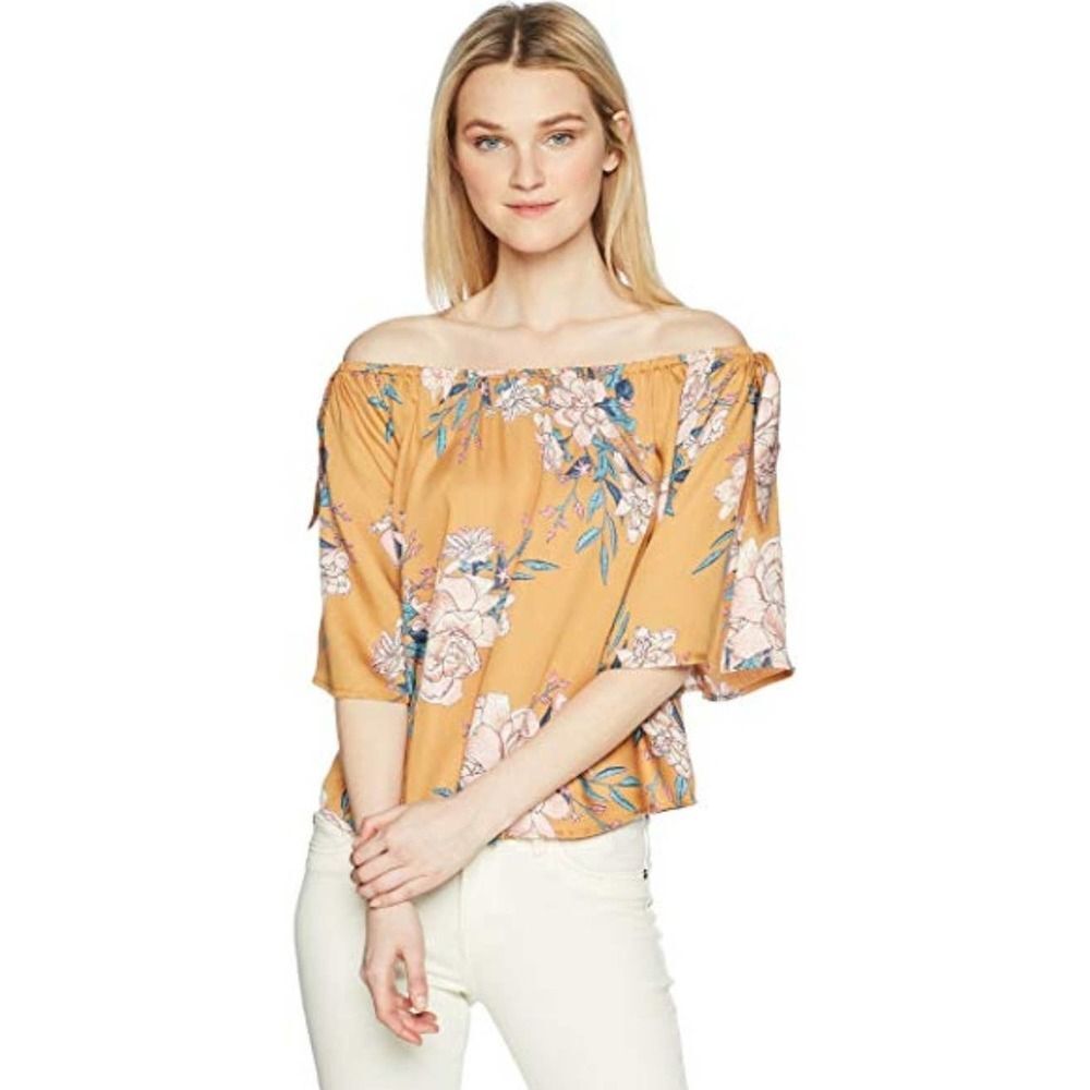 Billabong Honey Gold Floral Blues Baby Off Shoulder Peasant Blouse Small